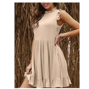 🆕Boho Trendy Khaki Ruffle Sleeveless A-Line Dress S🆕